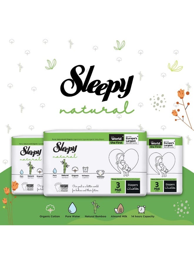 Sleepy حفاضات أطفال جافة مضادة للحساسية بحجم طبيعي 3، 4-9 كجم، قطن عضوي، عالية الامتصاص، مستخلص من البامبو، راحة وجفاف قصوى، حماية 100% من التسرب (3، 136، عدد) - Image 2
