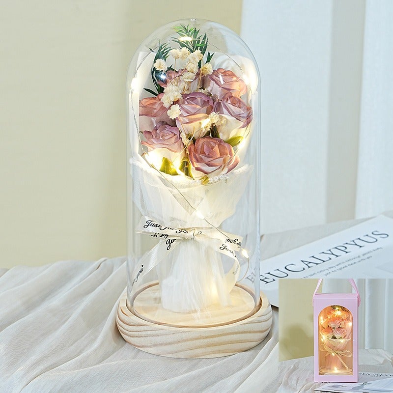 Preserved Rose Flower Gift Box with Wooden Base - 7 Roses Bouquet for Teacher's Day, Birthday & Special Occasions