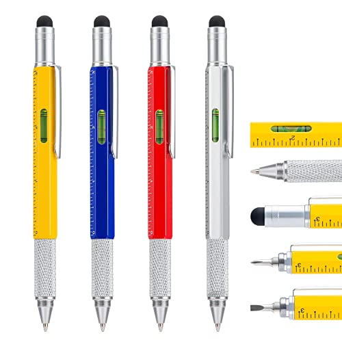 Wikult 4 Pack Multitool Pen with Extra Refills Set, 6 in 1 Multitool Pen with Ruler & Levelgauge, Multifunctional Metal Ballpoint Pen, Cool Gadget for Men, Gift for Husband Dad Father (Assorted Colors) - Image 1