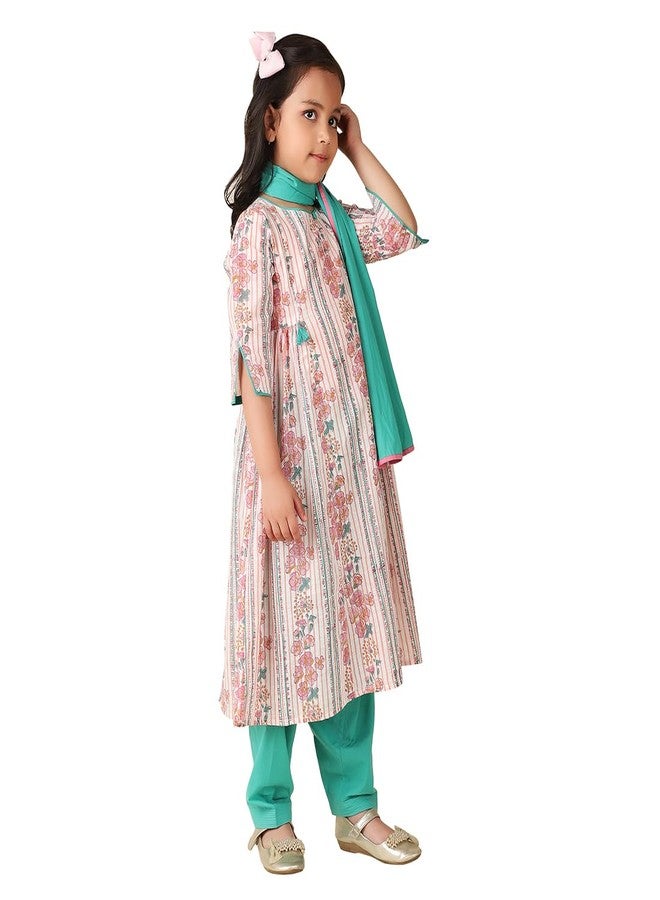 Fabindia Girl's Cotton Printed A-line Kurta Set (1030909PINK_Pink and Blue - Image 3
