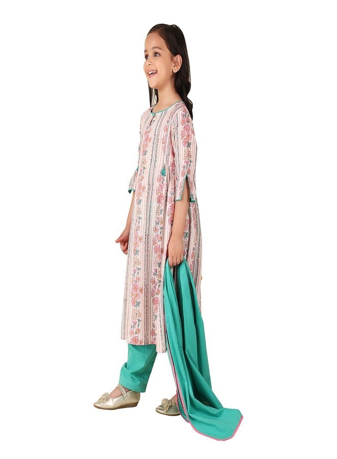 Fabindia Girl's Cotton Printed A-line Kurta Set (1030909PINK_Pink and Blue - Image 4