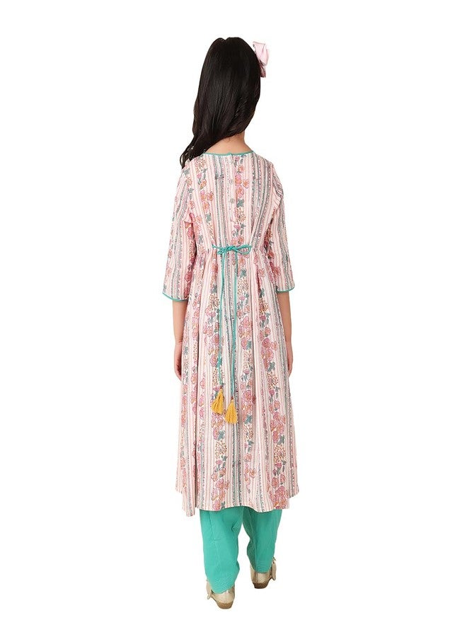 Fabindia Girl's Cotton Printed A-line Kurta Set (1030909PINK_Pink and Blue - Image 2