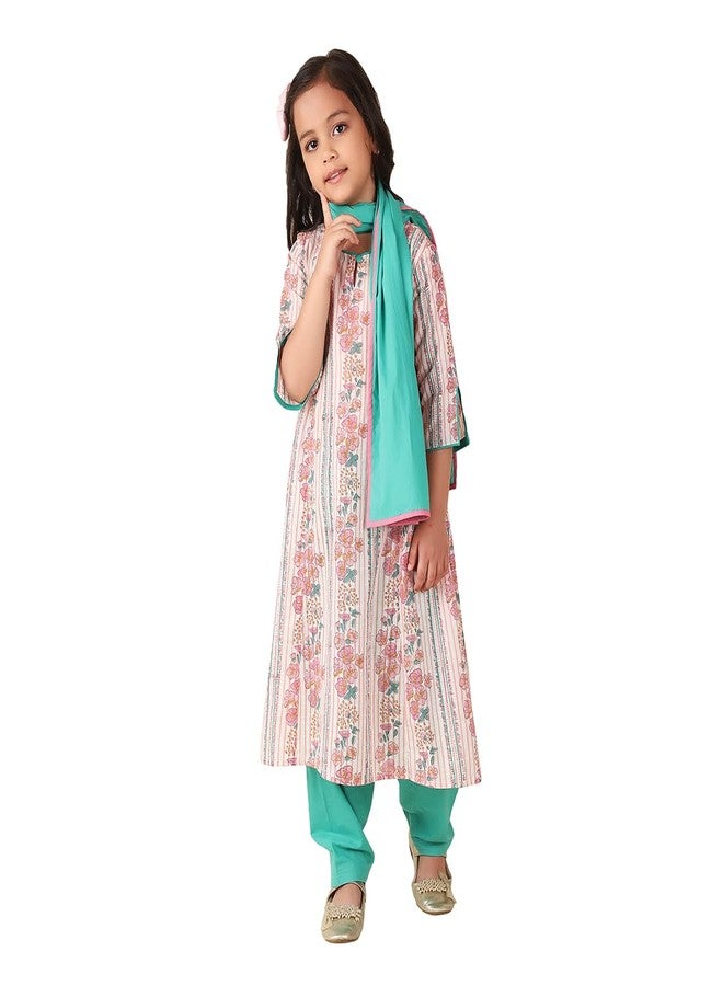 Fabindia Girl's Cotton Printed A-line Kurta Set (1030909PINK_Pink and Blue - Image 1