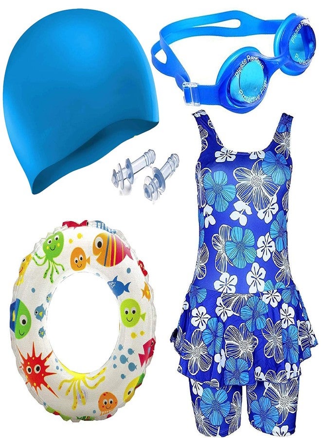 DRAUSS One Piece Girl's Synthetic Digital Printed Swimming Costume in Frock Style with 1 Swimming Cap, 1 Goggles and 1 Swimming Ring. Blue - Image 1