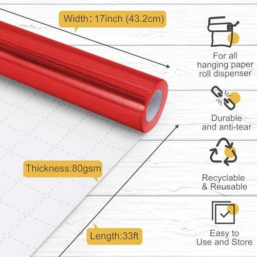 Donyang Red Metallic Wrapping Paper, 17inch x 33ft Solid Color Lustre Paper, Red Gift Wrapping Paper Roll with Grid Cutting Lines for Christmas, Mothers Day, Wedding, Bridal Shower, Valentines Day, Birthday - Image 3