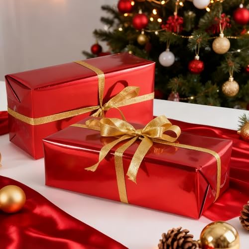 Donyang Red Metallic Wrapping Paper, 17inch x 33ft Solid Color Lustre Paper, Red Gift Wrapping Paper Roll with Grid Cutting Lines for Christmas, Mothers Day, Wedding, Bridal Shower, Valentines Day, Birthday - Image 2