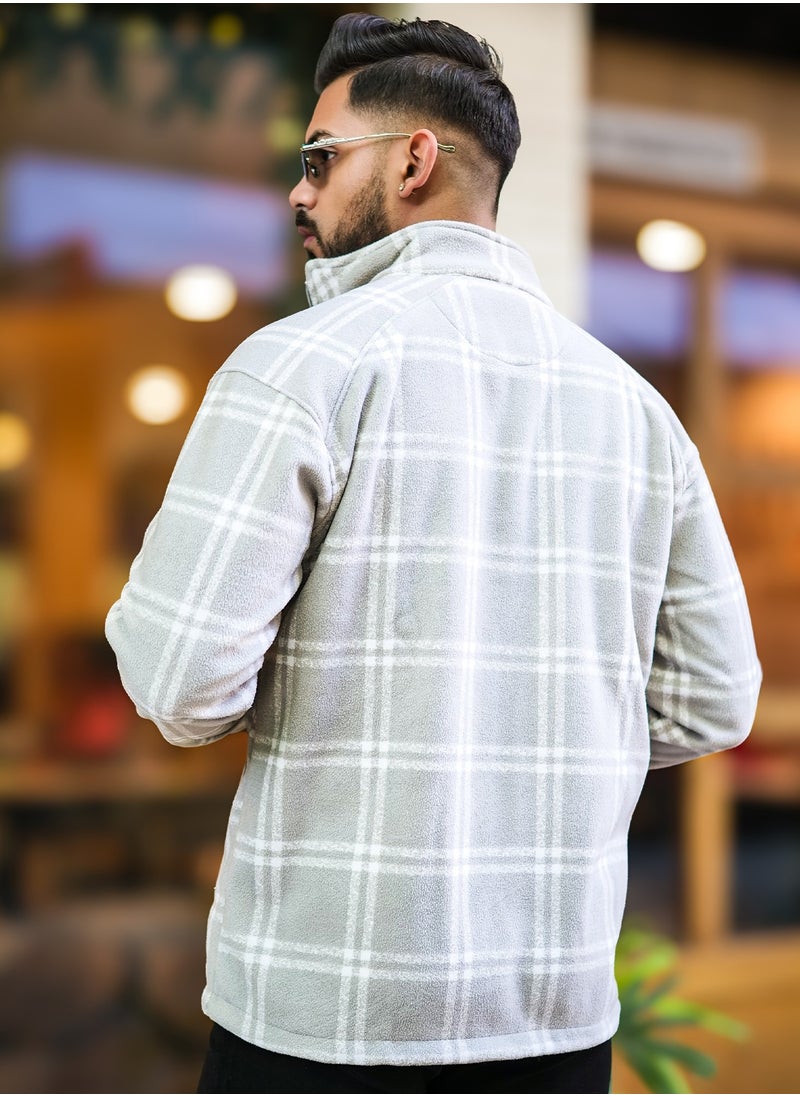 Maniac Maniac Men Checkered Zipper Grey Fullsleeve Polyester Blend Fleece Shacket  - Image 5
