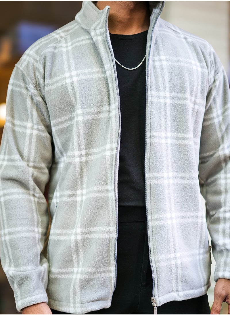 Maniac Maniac Men Checkered Zipper Grey Fullsleeve Polyester Blend Fleece Shacket  - Image 4