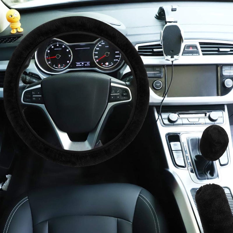 accmor Fluffy Steering Wheel Cover for Women Girls, Accmor Universal Fit 15 inch Fur Car Wheel Cover & Handbrake Cover & Gear Shift Cover Set, Fashion Winter Warm Fuzzy Vehicle Wheel Protector (Black) - Image 3