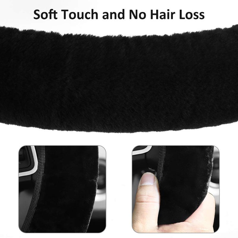 accmor Fluffy Steering Wheel Cover for Women Girls, Accmor Universal Fit 15 inch Fur Car Wheel Cover & Handbrake Cover & Gear Shift Cover Set, Fashion Winter Warm Fuzzy Vehicle Wheel Protector (Black) - Image 4