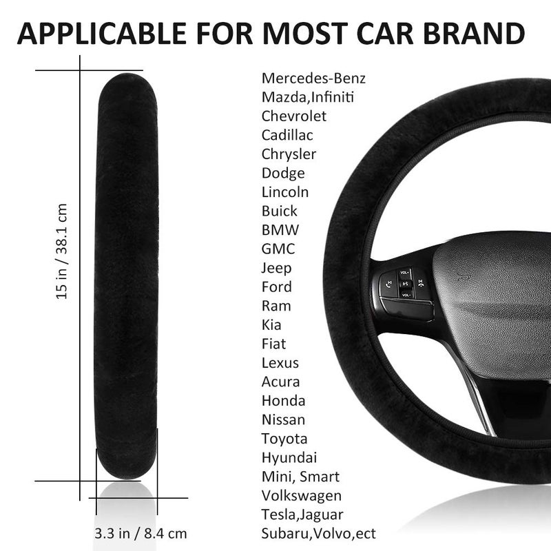 accmor Fluffy Steering Wheel Cover for Women Girls, Accmor Universal Fit 15 inch Fur Car Wheel Cover & Handbrake Cover & Gear Shift Cover Set, Fashion Winter Warm Fuzzy Vehicle Wheel Protector (Black) - Image 2
