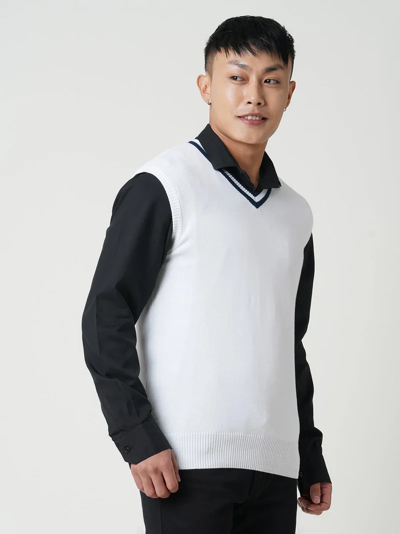 globus Globus Men White V-Neck Sleeveless Cotton Knitted Ribbed Hem Sweater Vest