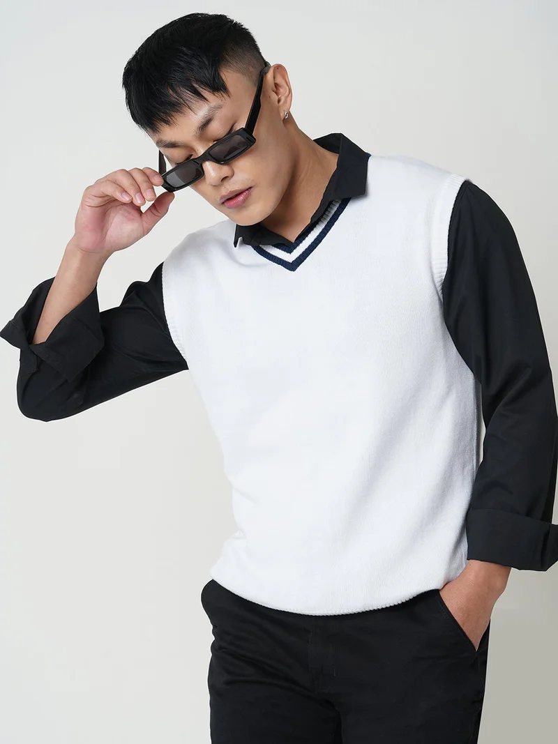 globus Globus Men White V-Neck Sleeveless Cotton Knitted Ribbed Hem Sweater Vest