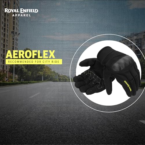 Royal Enfield قفازات رويال إنفيلد إيروفليكس للقيادة | التركيب: 100% بوليستر إير مِش، قماش بولي ستريتش ومايكروسويد | حماية الصدمات: واقيات مفاصل الأصابع من TPR | تدفق الهواء: لوحات إير مِش | أسود ونيون L - Image 2