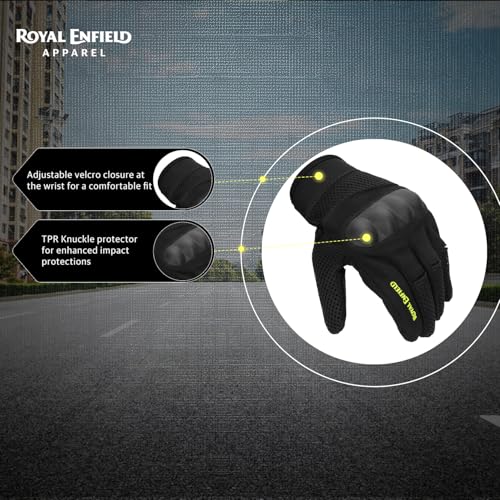 Royal Enfield قفازات رويال إنفيلد إيروفليكس للقيادة | التركيب: 100% بوليستر إير مِش، قماش بولي ستريتش ومايكروسويد | حماية الصدمات: واقيات مفاصل الأصابع من TPR | تدفق الهواء: لوحات إير مِش | أسود ونيون L - Image 3