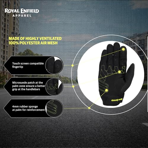 Royal Enfield قفازات رويال إنفيلد إيروفليكس للقيادة | التركيب: 100% بوليستر إير مِش، قماش بولي ستريتش ومايكروسويد | حماية الصدمات: واقيات مفاصل الأصابع من TPR | تدفق الهواء: لوحات إير مِش | أسود ونيون L - Image 4