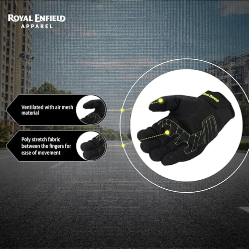 Royal Enfield قفازات رويال إنفيلد إيروفليكس للقيادة | التركيب: 100% بوليستر إير مِش، قماش بولي ستريتش ومايكروسويد | حماية الصدمات: واقيات مفاصل الأصابع من TPR | تدفق الهواء: لوحات إير مِش | أسود ونيون L - Image 5