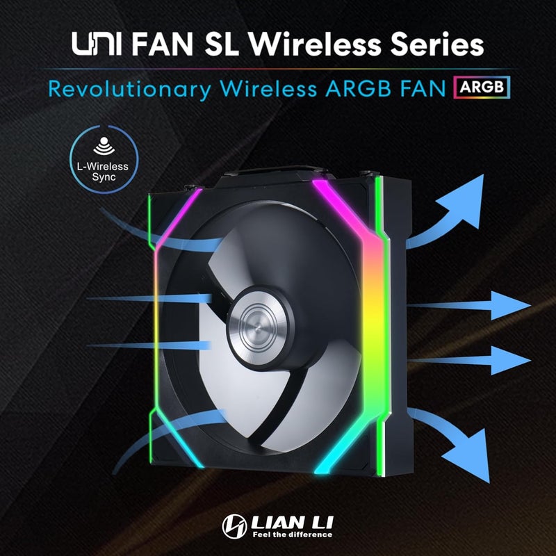 ليان لي UNI Fan SL - مروحة كمبيوتر لوحي بتقنية ARGB وبطول 120 مم، بتصميم ثلاثي الوحدات، بإشارة لاسلكية 2.4 جيجاهرتز للتحكم في ألوان الإضاءة وسرعة المروحة، مع إمكانية تخصيص تأثيرات الإضاءة - يتم تضمين وحدة التحكم وهي ضرورية - اللون أسود (12SL1W3B) - Image 2
