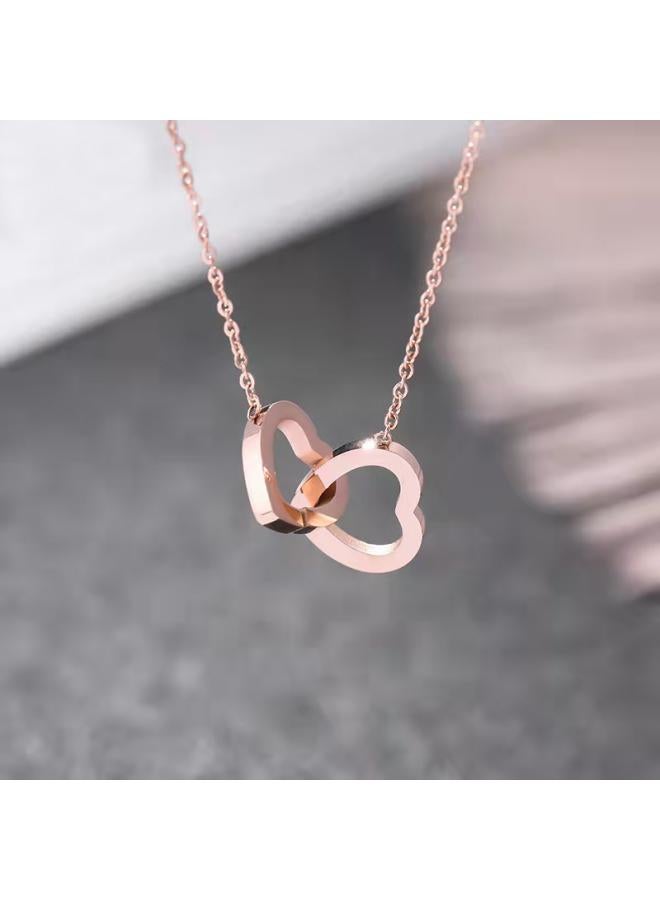 Titanium Steel Double-ring Phase Buckle Necklace Female Joker Heart Double-ring Clavicle Chain Necklace New Manufacturers Direct Approval