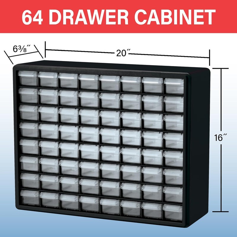 Akro-Mils 64-Drawer Plastic Drawer Storage Cabinet for Garage Organization, Bead Organizer, Building Bricks Storage, Teacher Toolbox, Makeup Organizer, 20" W x 6" D x 16" H, 10764 Black - Image 3