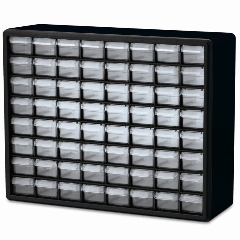 Akro-Mils 64-Drawer Plastic Drawer Storage Cabinet for Garage Organization, Bead Organizer, Building Bricks Storage, Teacher Toolbox, Makeup Organizer, 20" W x 6" D x 16" H, 10764 Black - Image 1