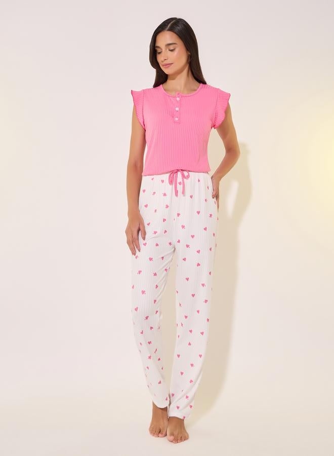 تايك تو طقم بيجامة بأكمام قصيرة مزينة بالدانتيل وطبعة - Image 2