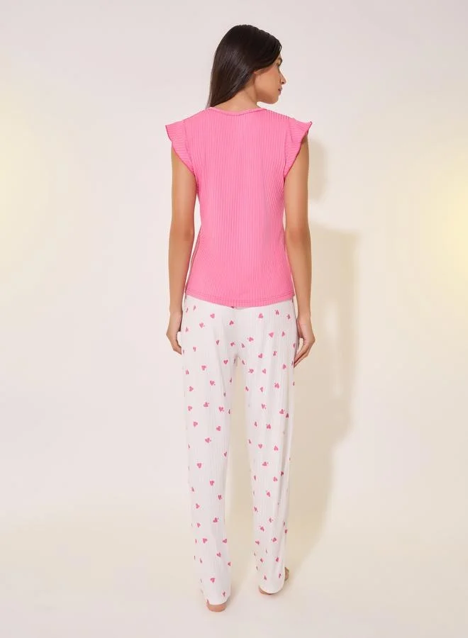 Styli Styli Flounce Short Sleeve T-Shirt and Printed Pyjama Set