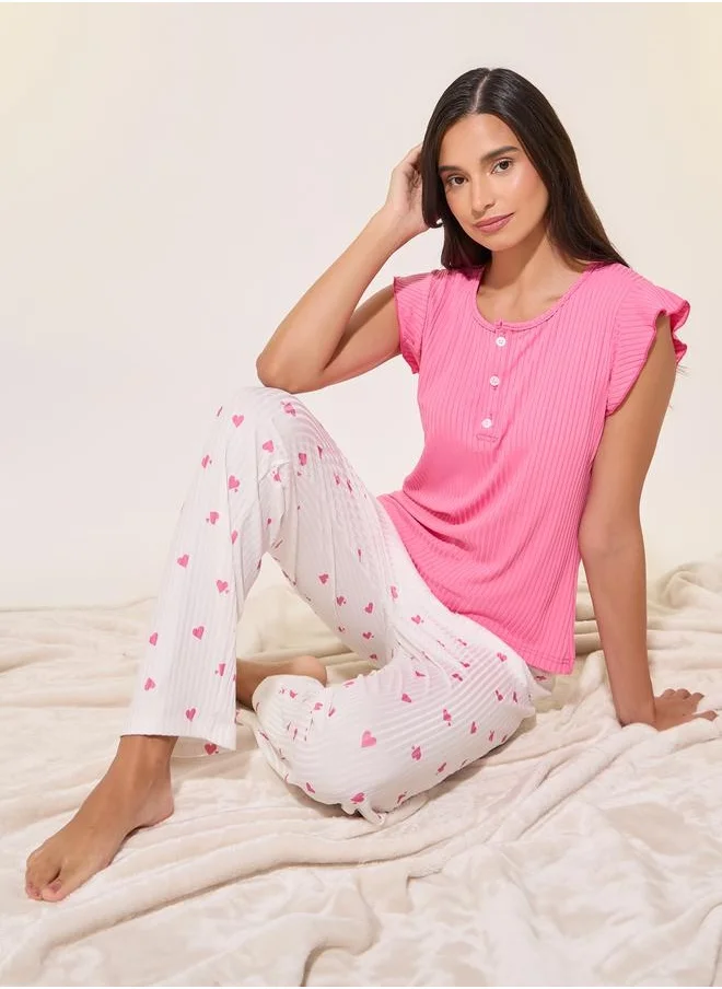 Take Two Flounce Short Sleeve T-Shirt and Printed Pyjama Set by Styli