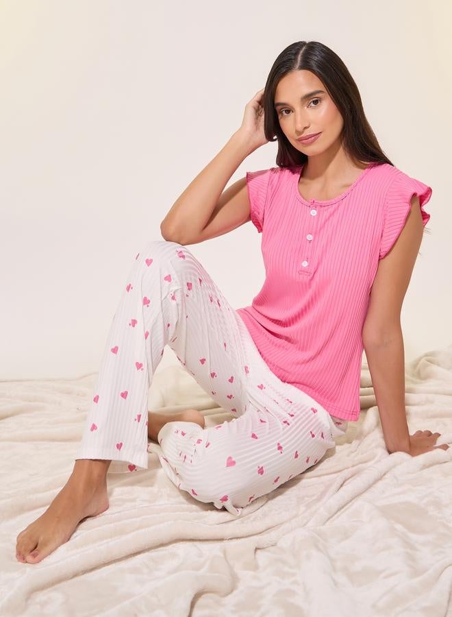 تايك تو طقم بيجامة بأكمام قصيرة مزينة بالدانتيل وطبعة - Image 1