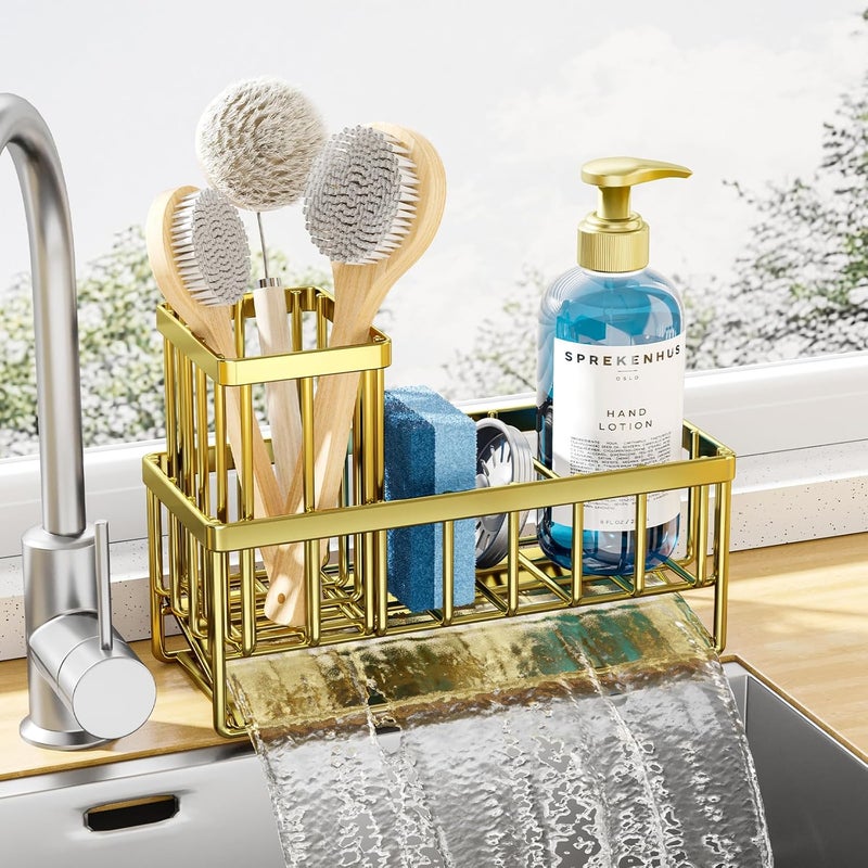 Kitsure Sponge Holder for Kitchen Sink - Rustproof Stainless Steel Sink Caddy Organization and Storage Essentials with High Brush Holder, Home Decor Accessories, 7.9" x 3.7" x 6.2", Gold - Image 1