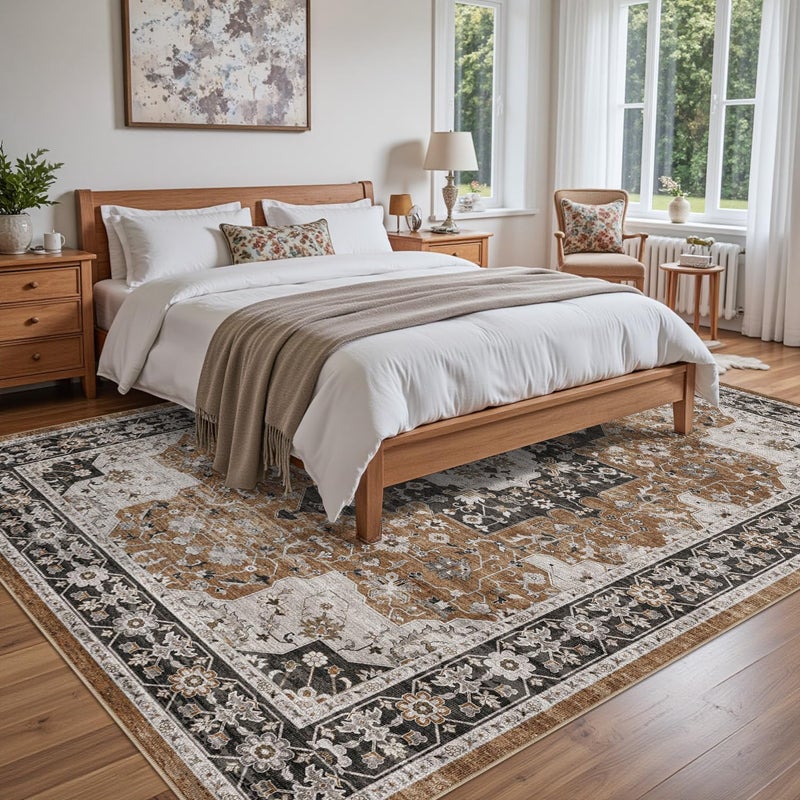 DEXI Washable Area Rug for Living Room 8x10, Vintage Farmhouse Soft Indoor Large Rugs, Stain Resistant Low Pile Carpet with Non Slip Backing for Dining Bedroom Office, Brown - Image 3
