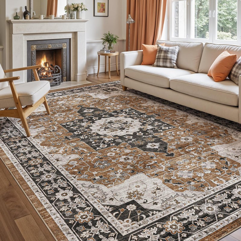 DEXI Washable Area Rug for Living Room 8x10, Vintage Farmhouse Soft Indoor Large Rugs, Stain Resistant Low Pile Carpet with Non Slip Backing for Dining Bedroom Office, Brown - Image 1