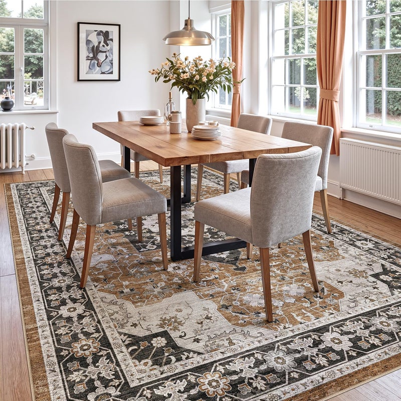 DEXI Washable Area Rug for Living Room 8x10, Vintage Farmhouse Soft Indoor Large Rugs, Stain Resistant Low Pile Carpet with Non Slip Backing for Dining Bedroom Office, Brown - Image 4