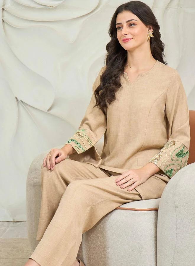 Athena Beige Embroidered Tunic with Trousers Co-Ords