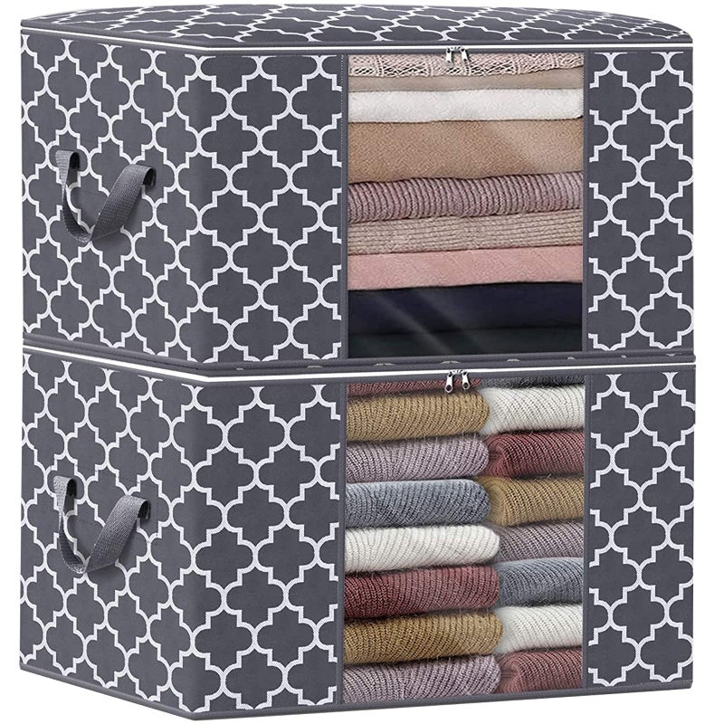 WISELIFE Storage Bags Large Blanket Clothes Organization and Storage Containers for Bedding Comforters Foldable Organizer with Reinforced Handle Clear WindowSturdy ZippersGrey 2 x 100L