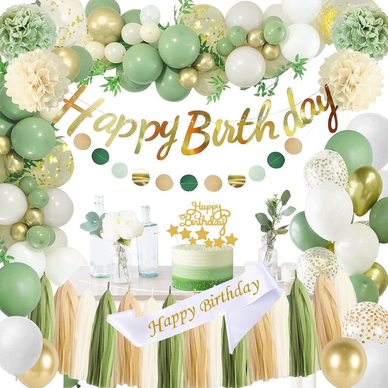 YGBMDZ Upgraded Sage Green Birthday Party Decorations for Girls Women with Happy birthday SashBannerTissue PompomsCircle Dots GarlandPaper Tassels Garland cake topper for Her Birthday Decor sage green - Image 2