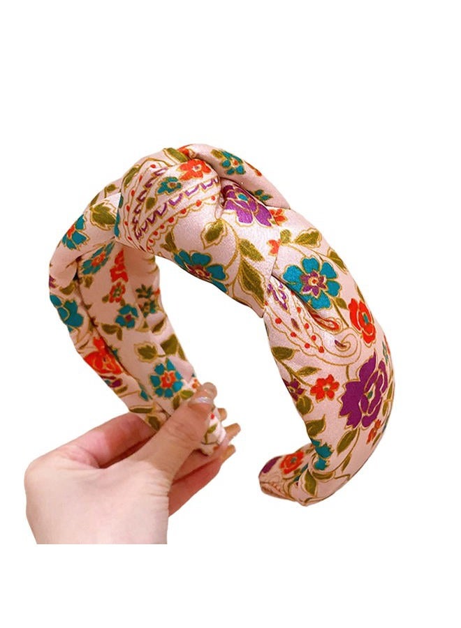Fashion Women Knotted Jeweled Headband Crystal Embellished Mixed Top Hairband ladies Twist Nylon Hair Accessories for Girls (Print - Beige) - Image 1