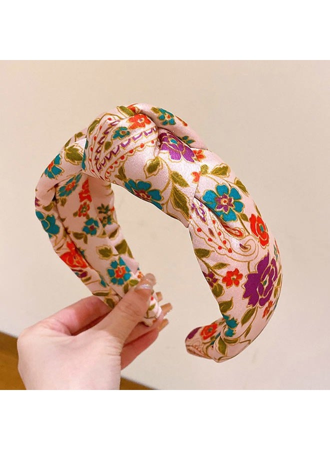 Fashion Women Knotted Jeweled Headband Crystal Embellished Mixed Top Hairband ladies Twist Nylon Hair Accessories for Girls (Print - Beige) - Image 3