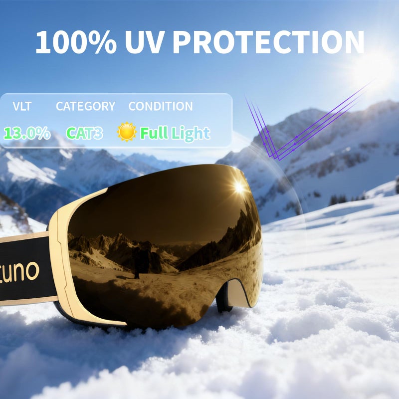 Veltuno Ski Goggles for Men Women Adult & Youth, OTG Snowboard Goggles Anti Fog, Snow Goggles UV Protection Wide Vision (Yellow Frame/Revo Golden Lens (vlt 13.0%)) - Image 2