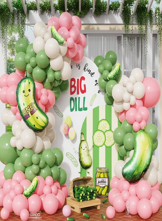 GIHOO One Big Dill Balloon Arch Kit Pastel Sage Green Pink Balloons with Funny Food Pickle Cucumber Foil Balloons for Pickle Dill Theme Birthday Party Decoration (Pink Sage Green) - Image 1