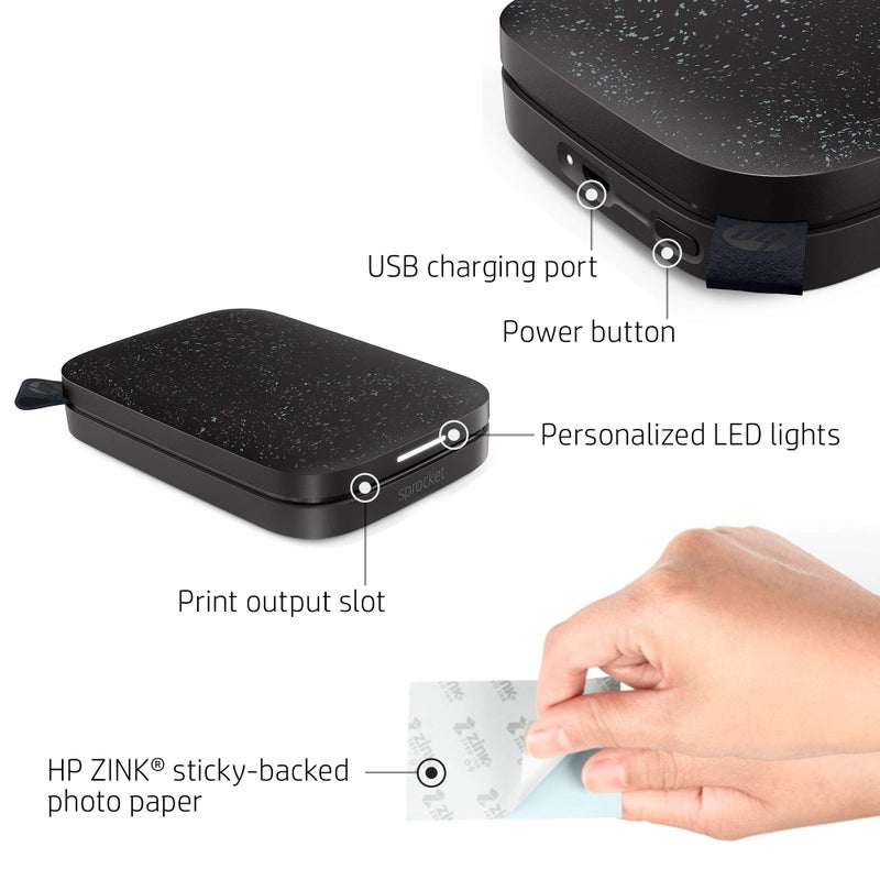 HP طابعة الصور الملونة الفورية HP Sprocket المحمولة 2 × 3 (أسود نوير) حزمة ورق زنك - Image 2