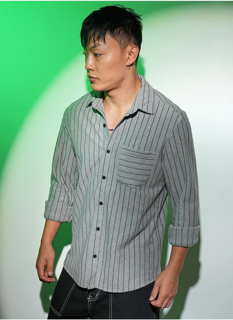 Campus Sutra Men's Moon Grey Pinstriped Shirt