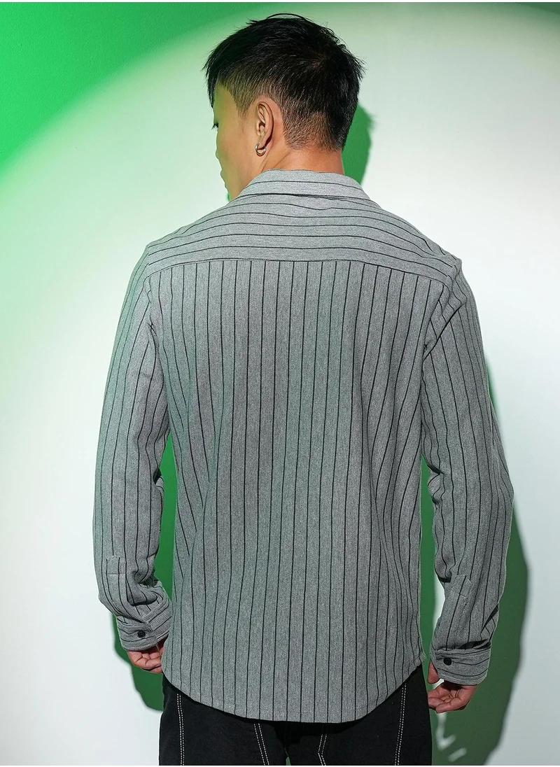 Campus Sutra Men's Moon Grey Pinstriped Shirt