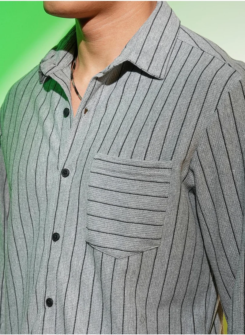 Campus Sutra Men's Moon Grey Pinstriped Shirt