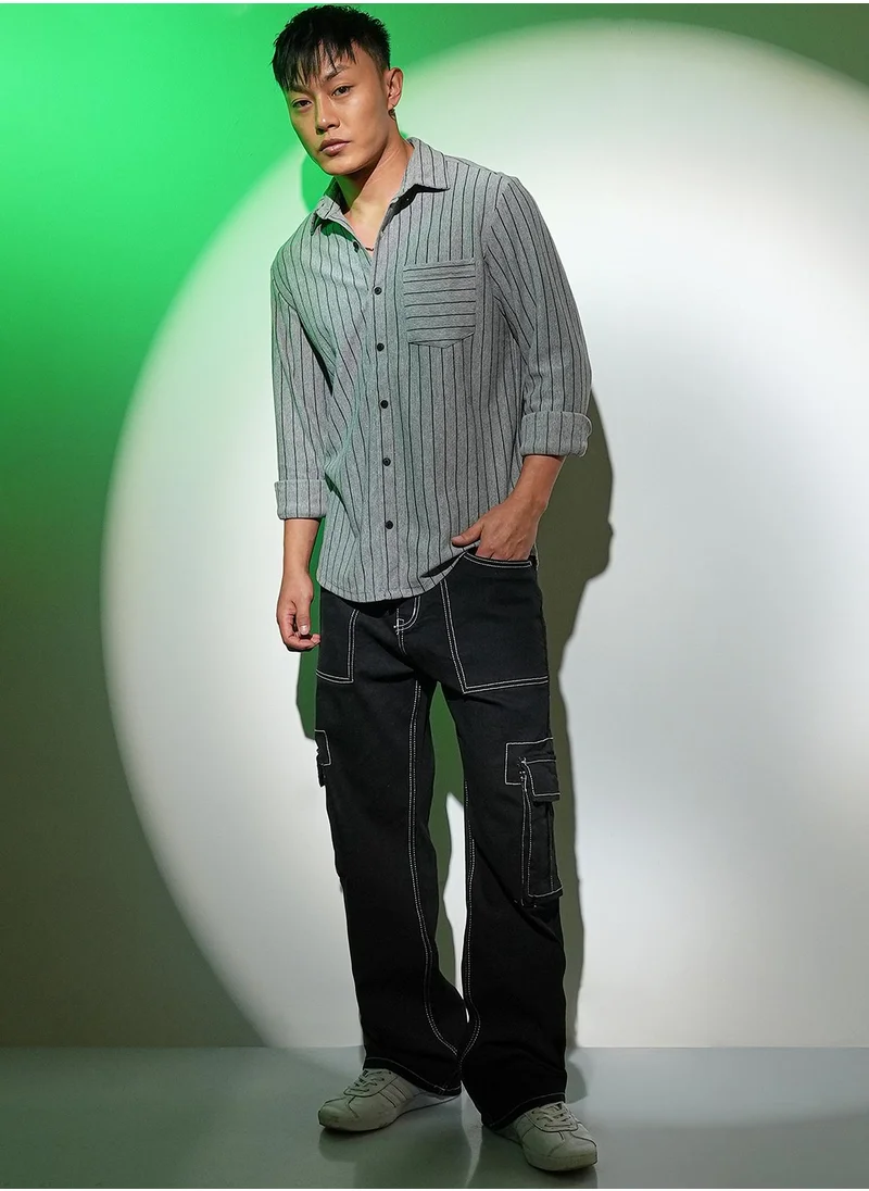 Campus Sutra Men's Moon Grey Pinstriped Shirt
