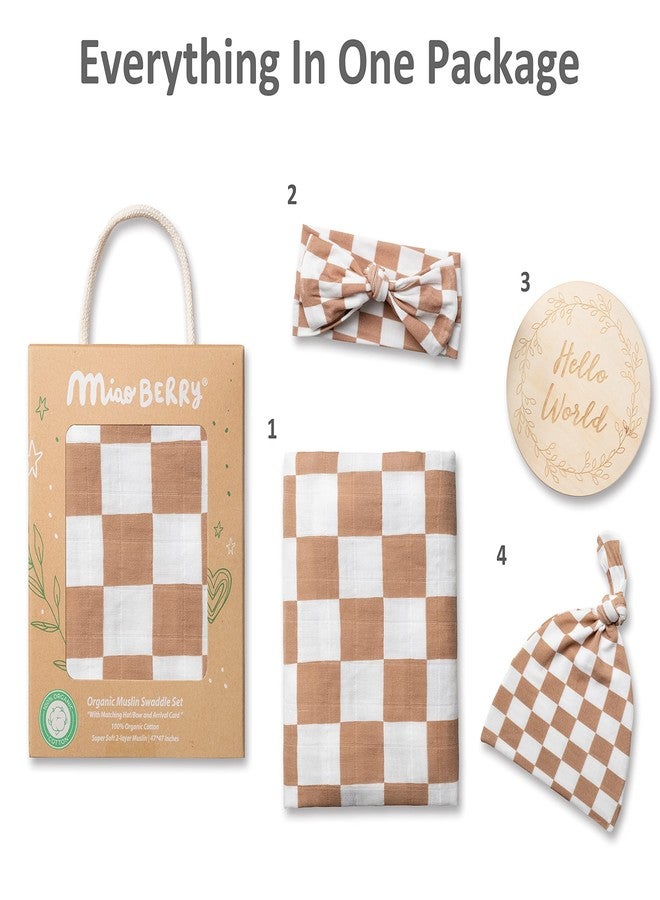 Miaoberry 100% Organic Muslin Swaddle Set| Checkered in Coffee Latte 47 * 47 with Hat,Bow and Arrival Card - Image 4