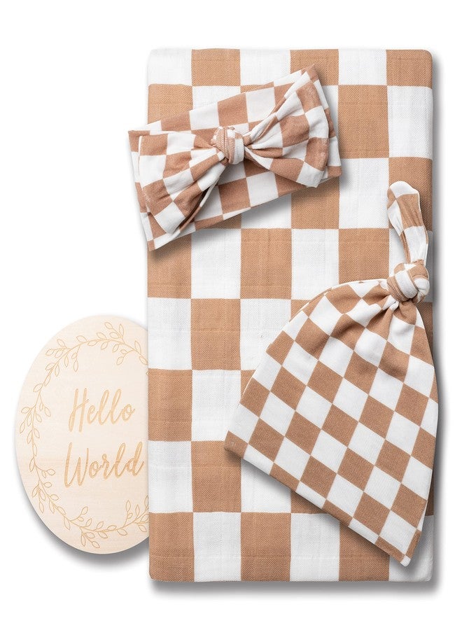 Miaoberry 100% Organic Muslin Swaddle Set| Checkered in Coffee Latte 47 * 47 with Hat,Bow and Arrival Card - Image 5