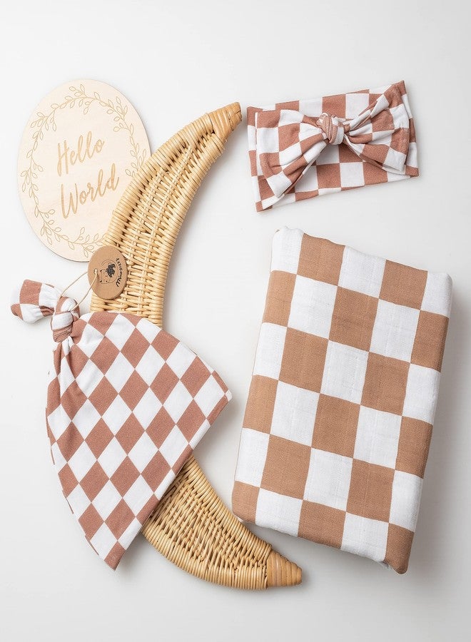 Miaoberry 100% Organic Muslin Swaddle Set| Checkered in Coffee Latte 47 * 47 with Hat,Bow and Arrival Card - Image 2