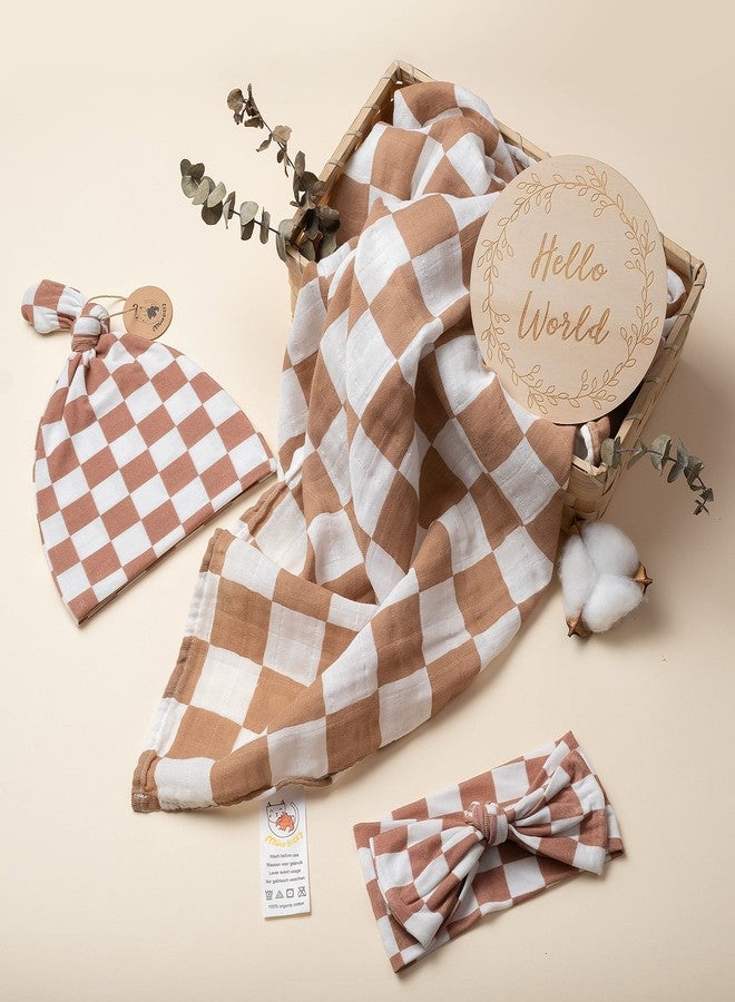 Miaoberry 100% Organic Muslin Swaddle Set| Checkered in Coffee Latte 47 * 47 with Hat,Bow and Arrival Card - Image 3