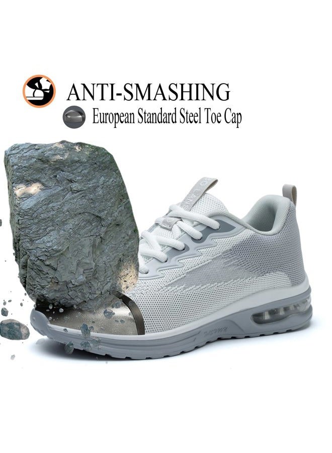 LANSNBO Steel Toe Shoes for Women Lightweight Breathable Safety Work Sneakers Non Slip Puncture Proof Utility Slip On Footwear for Industrial Construction, Grey Whie, 8.5 Wide - Image 3